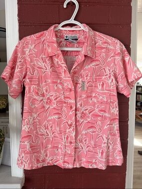 Columbia Coral and White Flamingo Print Button-Up Shirt
